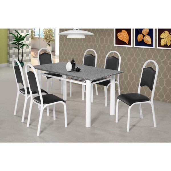 Conjunto de Mesa Com 6 Cadeiras Para Cozinha Tampo Retangular e Granito  1,50m Branco Sofia Ciplafe